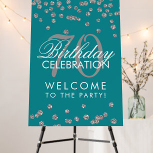 Silver 70th Birthday Party Glitter Confetti Teal Foam Board