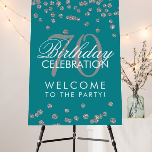 Silver 70th Birthday Party Glitter Confetti Teal  Foam Board