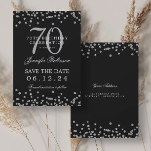 Silver 70th Birthday Save Date Confetti Black Invitation