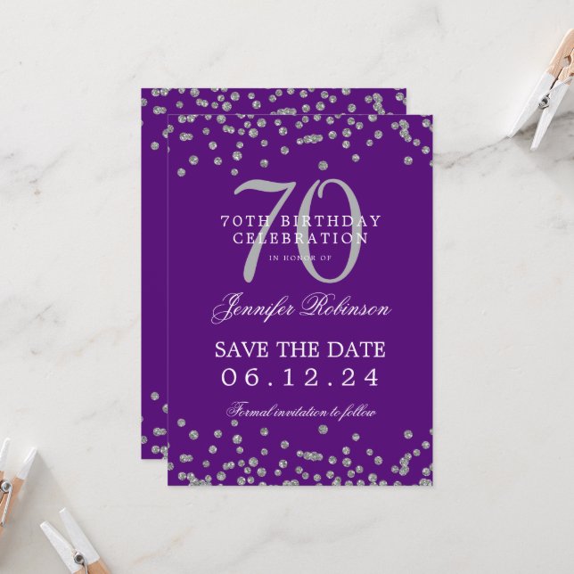 Silver 70th Birthday Save Date Confetti Purple  Invitation (Front/Back In Situ)