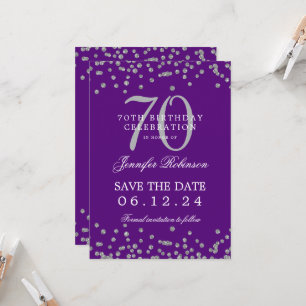 Silver 70th Birthday Save Date Confetti Purple Invitation