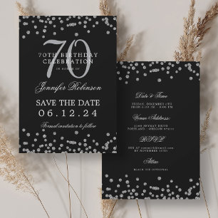 Silver 70th Birthday Save Date Details Black Invitation
