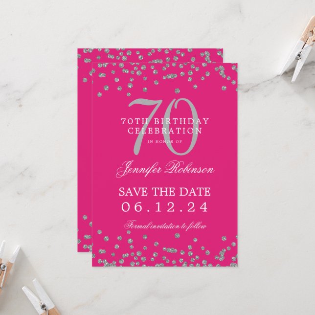 Silver 70th Birthday Save Date Details Hot Pink Invitation (Front/Back In Situ)