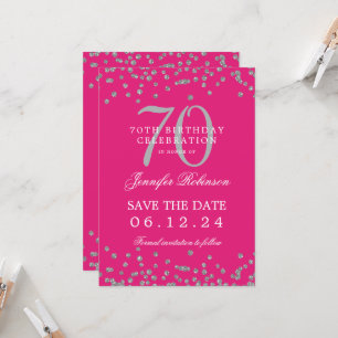 Silver 70th Birthday Save Date Details Hot Pink Invitation