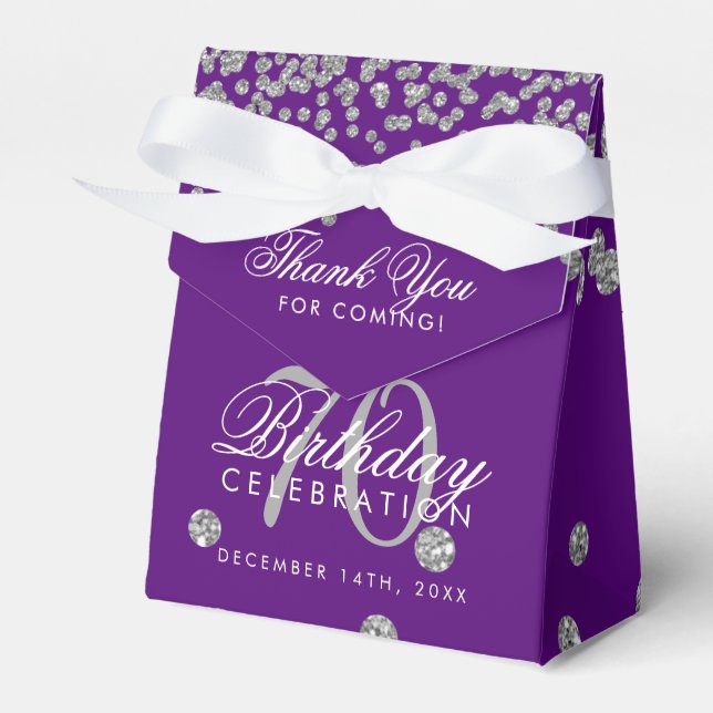 Silver 70th Birthday Thank You Confetti Purple Favor Boxes (Front Side)