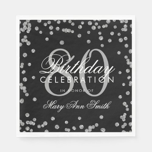 Silver 80th Birthday Glitter Confetti Black Napkins