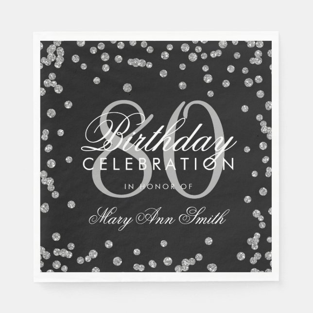 Silver 80th Birthday Glitter Confetti Black Napkins (Front)