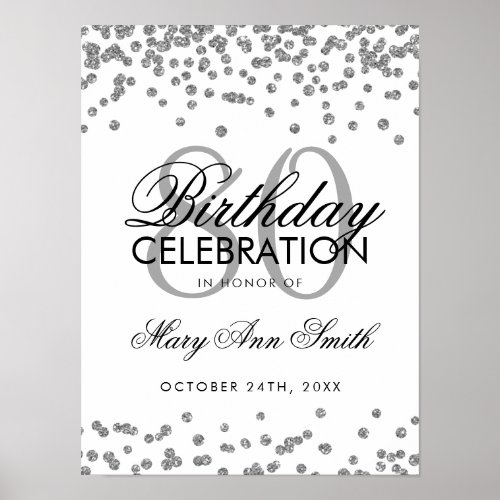 Silver 80th Birthday Glitter Confetti Poster