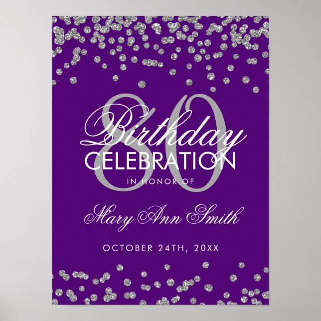 Silver 80th Birthday Glitter Confetti Purple Poster (Front)