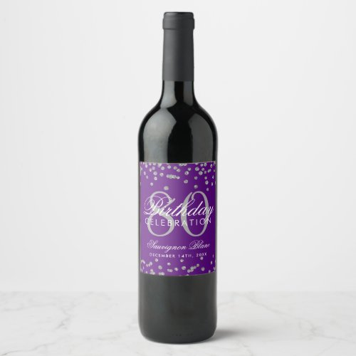 Silver 80th Birthday Glitter Confetti Purple Wine Label