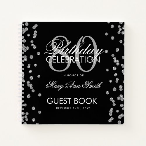 Silver 80th Birthday Guestbook Confetti Black Notebook