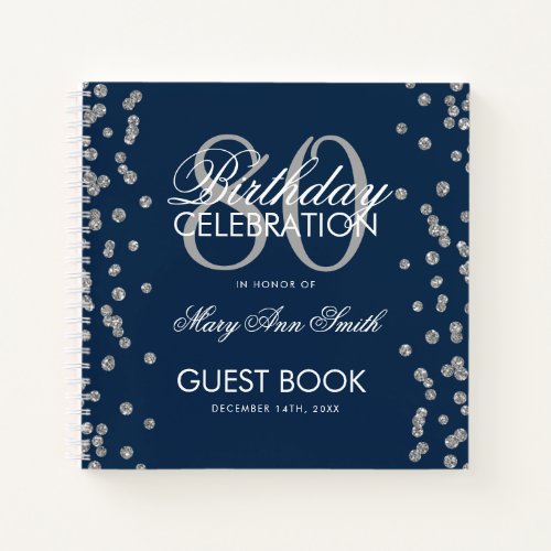 Silver 80th Birthday Guestbook Confetti Navy Blue Notebook