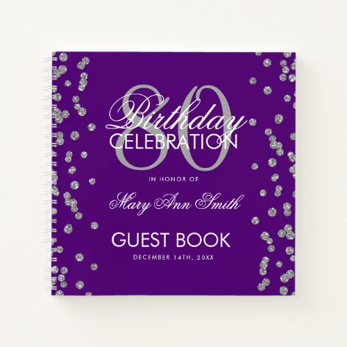 Silver 80th Birthday Guestbook Confetti Purple Notebook