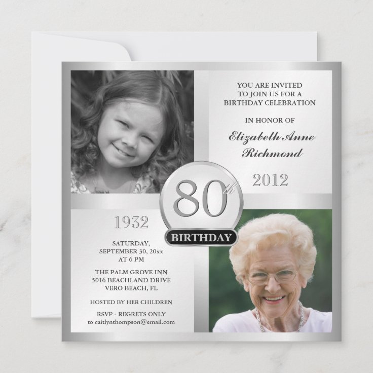 Silver 80th Birthday Invitations Then & Now Photos | Zazzle