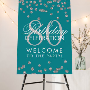 Silver 80th Birthday Party Glitter Confetti Teal Foam Board