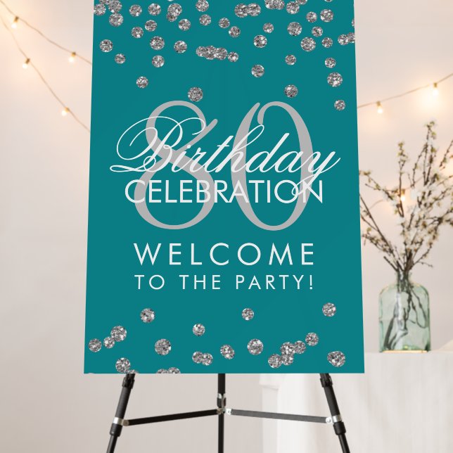 Silver 80th Birthday Party Glitter Confetti Teal  Foam Board (In Situ (Stand))