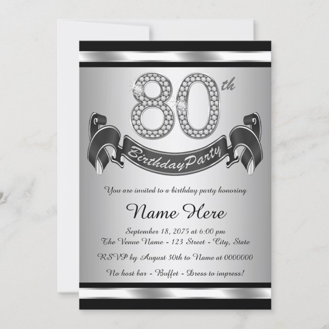 Silver 80th Birthday Party Invitation (Front)