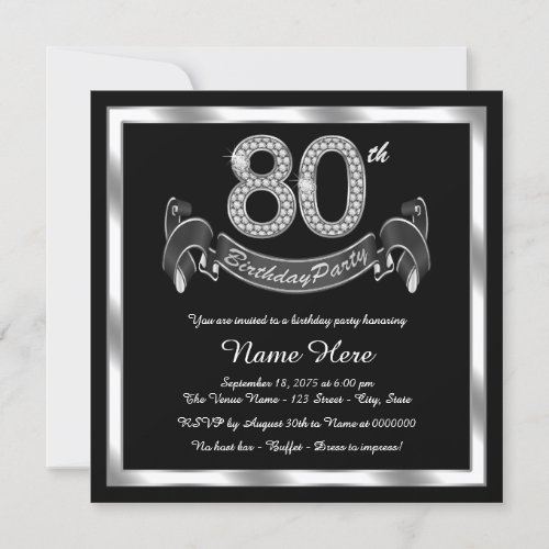 Silver 80th Birthday Party Invitation