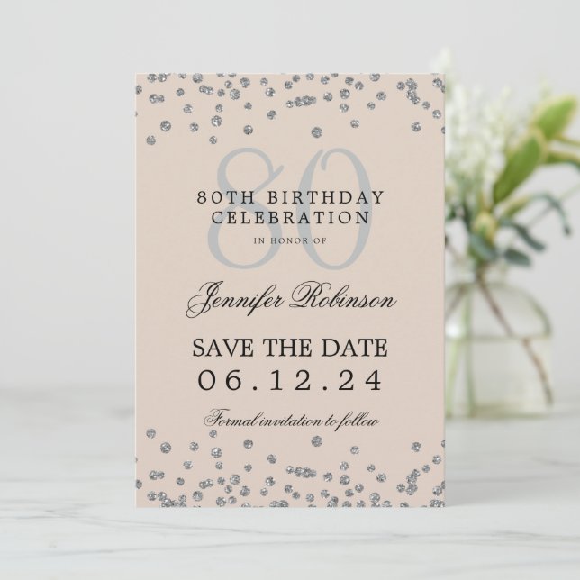 Silver 80th Birthday Save Date Details Beige  Invitation (Standing Front)