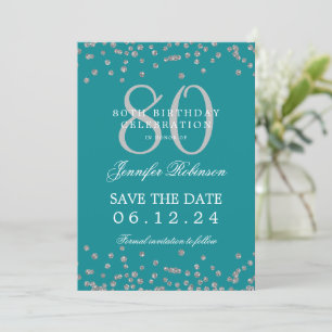 Silver 80th Birthday Save Date Details Turquoise Invitation