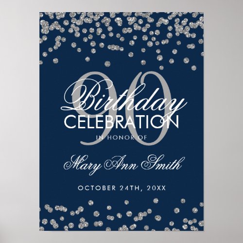 Silver 90th Birthday Glitter Confetti Navy Blue Poster