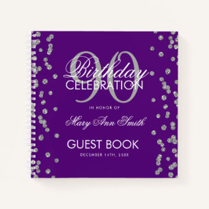 Silver 90th Birthday Guestbook Confetti Purple Notebook