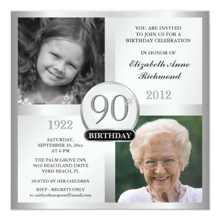 Silver 90th Birthday Invitations Then Now Photos Zazzle Silver 90th Birthday Invitations Then