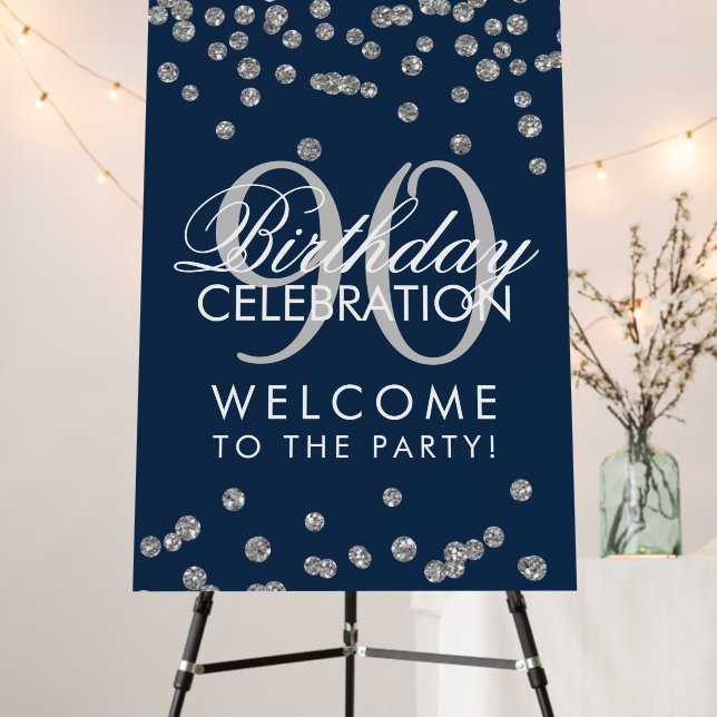Silver 90th Birthday Party Glitter Confetti Navy  Foam Board (In Situ (Stand))