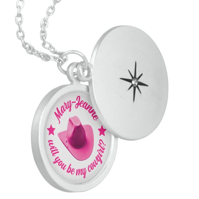 Silver 925 Personalized "will you be my cowgirl?" Locket Necklace (Front Left)