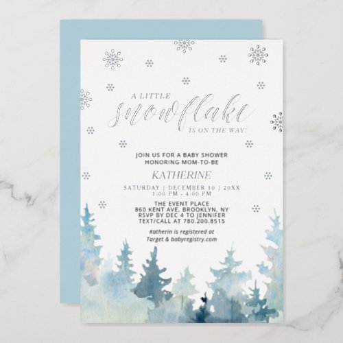 Silver A Little Snowflake Winter Trees Baby Shower Foil Invitation