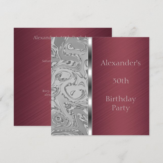 Silver Abstract & Burgundy Birthday Event Invitation (Front/Back)