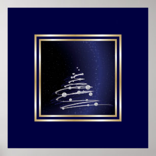 Silver Abstract Christmas Tree On Blue Poster