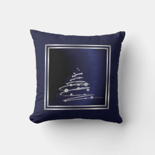 Silver Abstract Christmas Tree On Blue Throw Pillow