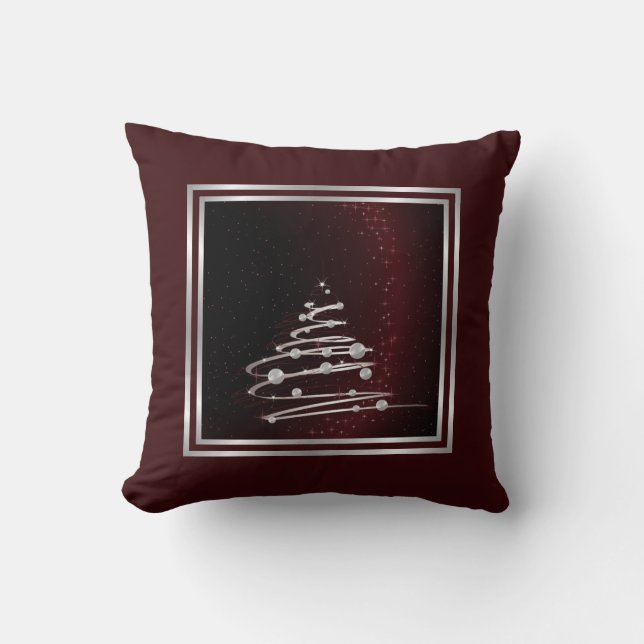 Silver Abstract Christmas Tree On Red Throw Pillow (Front)