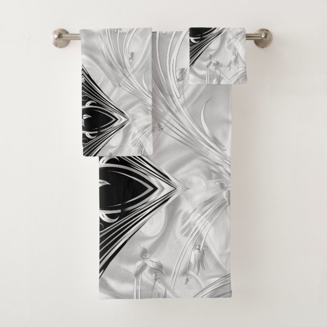 Silver Abstract flowers on Silk & Art  Bath Towel Set (Insitu)