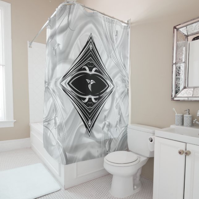 Silver Abstract flowers on Silk & Art  Shower Curtain (In Situ)