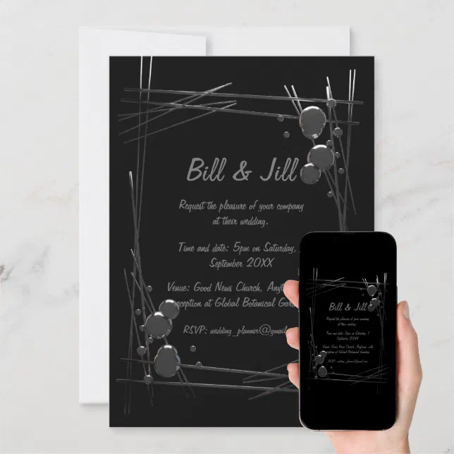Silver Abstract Frame On Black Background Wedding Invitation | Zazzle