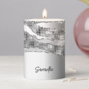 Silver agate glitter chic marble name elegant pillar candle