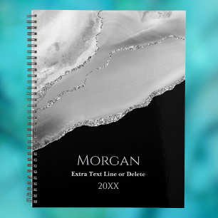 Silver Agate & Glitter, Name & Text Line on Black Planner