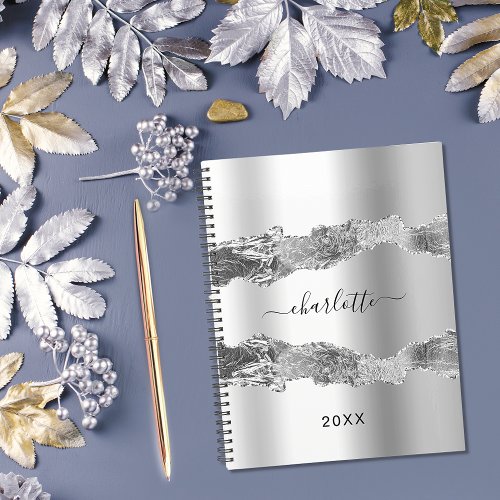 Silver agate marble name script elegant 2024 planner