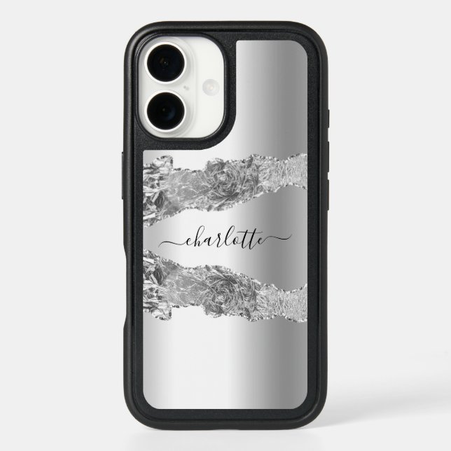 Silver agate marble name script otterbox iPhone case (Back)
