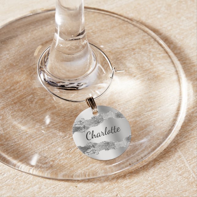 Silver agate name elegant script wine charm (In Situ)