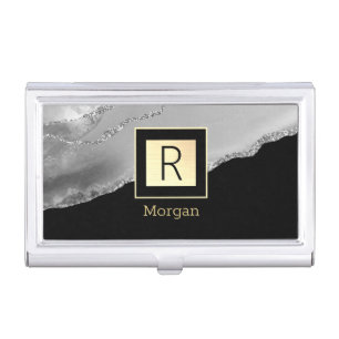 Silver Agate, Name & Monogram, Black & Gold Box Business Card Case