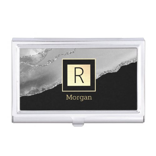 Silver Agate Name  Monogram Black  Gold Box Business Card Case