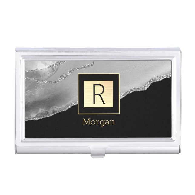 Silver Agate, Name & Monogram, Black & Gold Box Business Card Case (Front)
