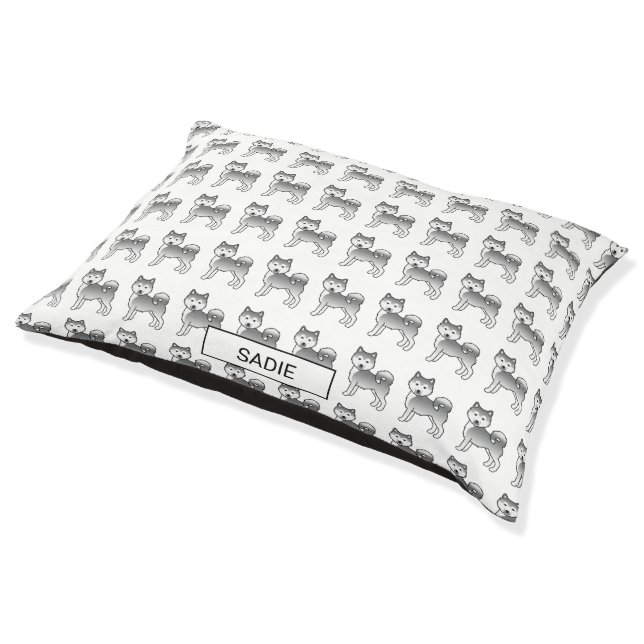 Silver Alaskan Malamute Cartoon Dog Pattern & Name Pet Bed (Angled)