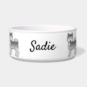 Silver Alaskan Malamute Cartoon Dogs & Custom Name Bowl