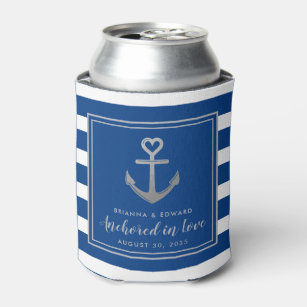 Silver Anchor Blue White Stripe Nautical Wedding  Can Cooler