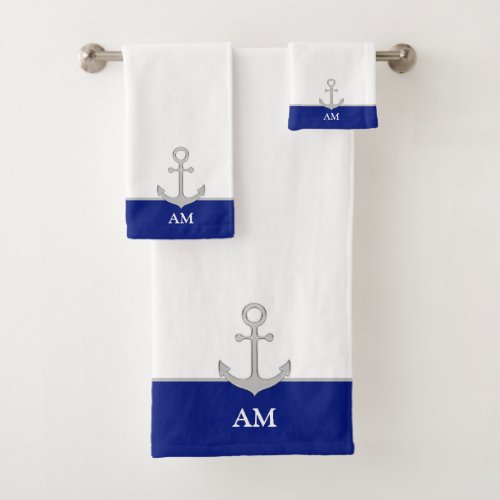 Silver Anchor  Monogram on Blue and White Bath Towel Set