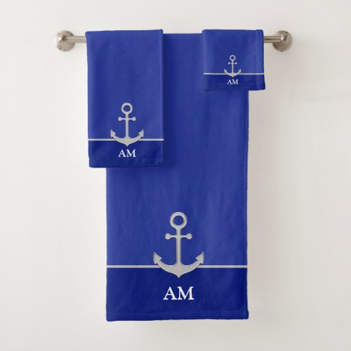 Silver Anchor  Monogram on Deep Blue Bath Towel Set